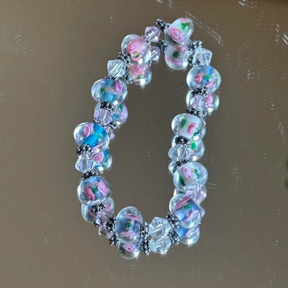 Vintage Women’s Glass Bead Bracelet Floral Clear Lilac Romantic - Picture 1 of 2